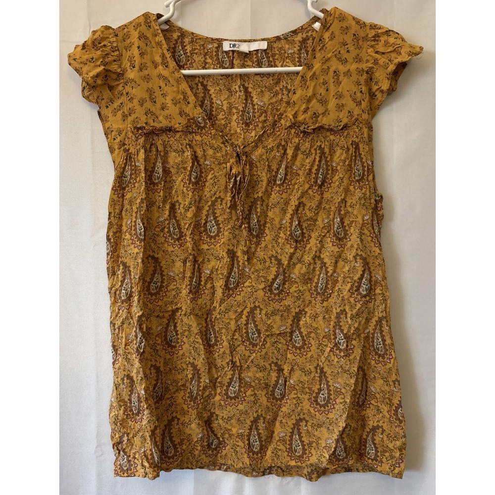 DR2 Daniel Rainn Womens Top Sz Small Brown Paisley V-Neck Flutter Sleeve Boho